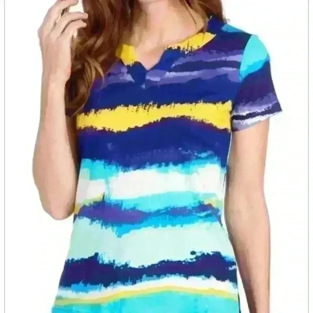 ANNE KLEIN SPORT 2for 1 Watercolor Stripe Split Neck Tee AND purple splash - Picture 4 of 13